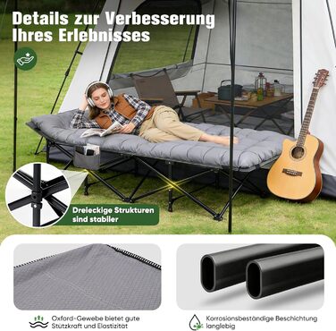 Розкладне ліжко для кемпінгу Sekey XXL (190x71x35 см) з матрацом, посилений сталевий каркас та тканина Oxford, сіре