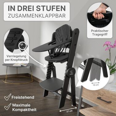 Дитячий стільчик ZWERGHELD® ZS3 Premium - з регулюванням, складний, росте разом з дитиною. Підходить для дітей від 6 місяців до 90 кг, з підносом. Дерев'яний дитячий стільчик (натуральний колір) білий-натуральний (pearl-black)