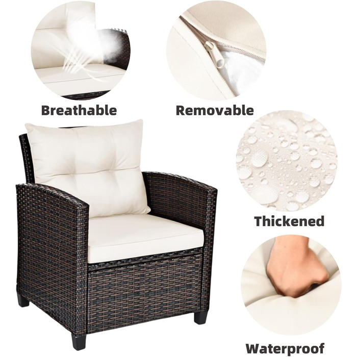 Набір садових меблів LIFEZEAL 3 предмети: 2 крісла та стіл з ротангу PE, скляна стільниця, подушки для тераси, балкона, саду (Коричневий з чорним)