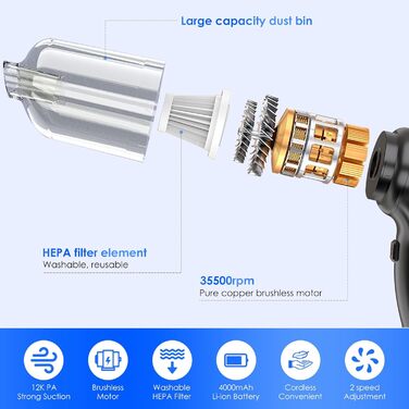 Ручний пилосос Unipampa Акумуляторний, Автомобільний пилосос 12000 Па, Міні-пилосос, Портативний легкий акумуляторний ручний пилосос, Ручний пилосос для вологого та сухого прибирання, Фільтр HEPA, Для автомобіля, Дому, Кухні, Шерсть домашніх тварин