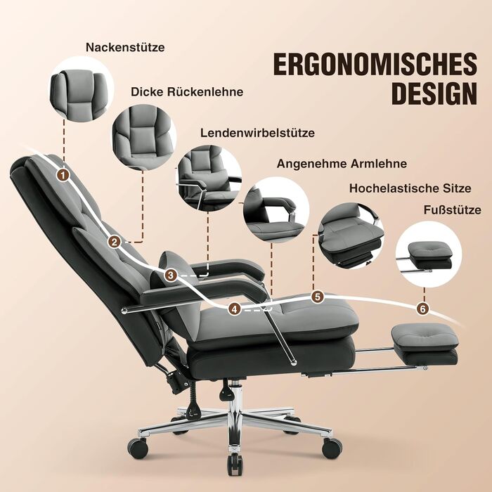 Ергономічне крісло для офісу, шкіра PU, крісло для керівника, 200 кг, з підніжкою та підтримкою попереку, для дому/офісу, регульоване, висока спинка, чорне, 1 шт.