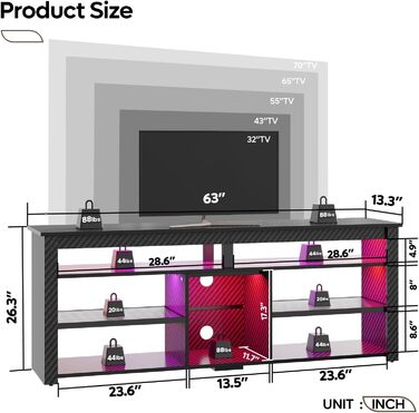 Тумба під телевізор Bestier 70 дюймів з підсвіткою LED, для PS5, чорна карбонова - 160x33.8x66.8 см
