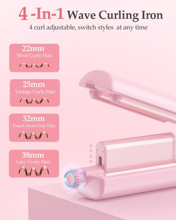 4-в-1 Випрямляч для волосся з насадками - локони 22/25/32/38 мм, для створення пляжних, природних та водохвиль, 4 температури (140-210°C), рожевий