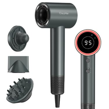 Іонний фен для волосся з безщітковим мотором 180 000 об/хв, компактний дорожній фен з 4 режимами температури та захистом від перегріву, сірий