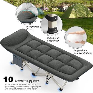 Розкладне кемпінгове ліжко CALIYO, польове ліжко для гостей до 200 кг, 190 x 68 x 40 см, з сумкою для зберігання, чорне