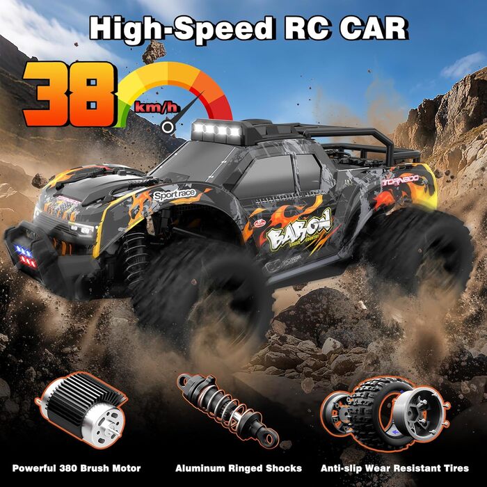 Радіокерований позашляховик FEIMUOSI 1:18 RC Car: LED, 2.4GHz, 2 акумулятори, 20 км/год, для дітей та дорослих (Чорний)