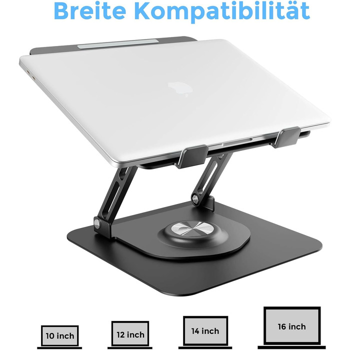Підставка для ноутбука з регулюванням висоти та поворотним основанням 360°, алюмінієва, чорна