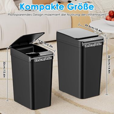 Набір сміттєвих відер Dreamhigh 2 шт. з сенсором, 15L та 12L, електричні, з автоматичним відкриванням кришки, смарт-відра з 3 режимами відкривання, тихі та водонепроникні для кухні, ванної, офісу, вітальні, чорного кольору