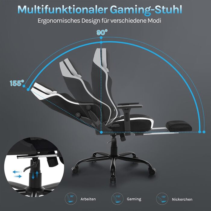 Ігровий крісло WOLTU, ергономічний офісний стілець з інтегрованим м'яким наповнювачем, адаптивною підтримкою попереку, підставкою для ніг та регульованими підлокітниками, металевий каркас