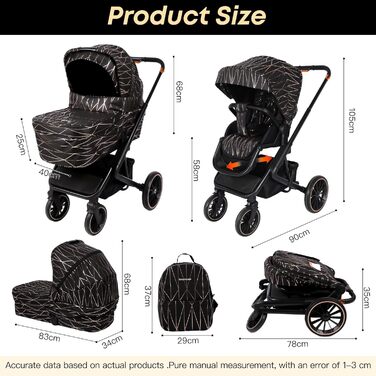 Дитяча коляска 2-в-1 BabyVoyage з люлькою та прогулянковим блоком, поворотні колеса 360°, амортизація, регульована ручка, складана, аксесуари, колір зелений (чорний-золотий)