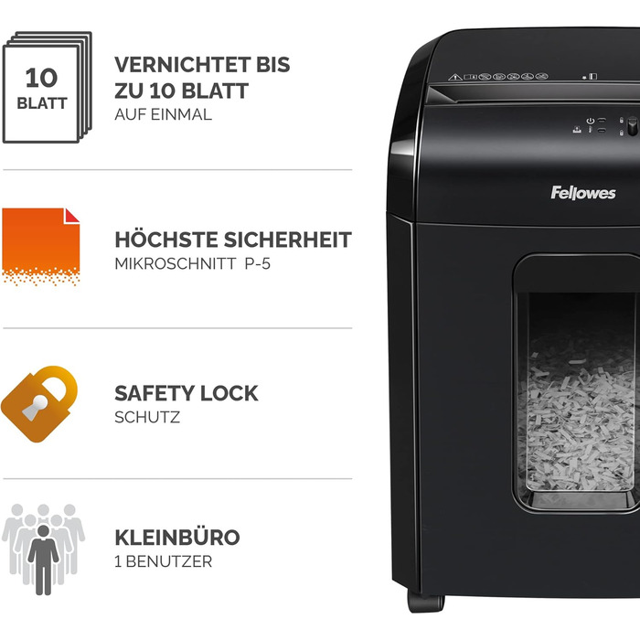 Шредер Fellowes Microcut P5: знищення 2000+ частинок/A4, 10 аркушів, 19л контейнер, безпечний, чорний