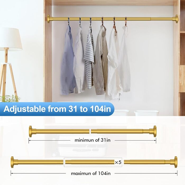 Телескопічна штанга для душу, 78,9-203,2 см, діаметр 2,5 см, регульована, з кольоровою пружинною натягом, нержавіюча сталь, легка установка, антикорозійна (31-104, Gold)