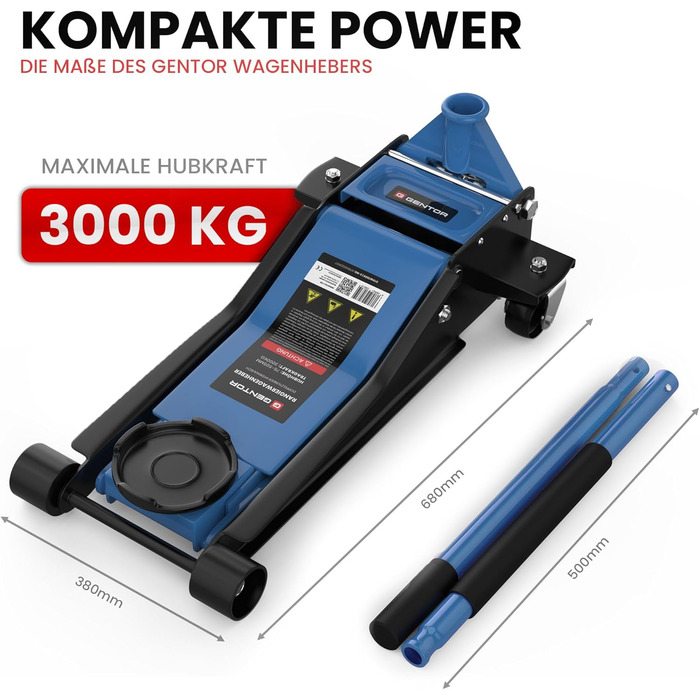 Гідравлічний домкрат 3T низькопрофільний 75-505мм з гумовими накладками для легкових авто та SUV – професійний, на колесах 360° (блакитний)