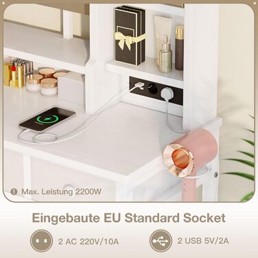 Трюмо ODK з регульованим LED-дзеркалом, туалетний столик з 4 висувними ящиками, USB-порт, білий колір, 100×40×140 см