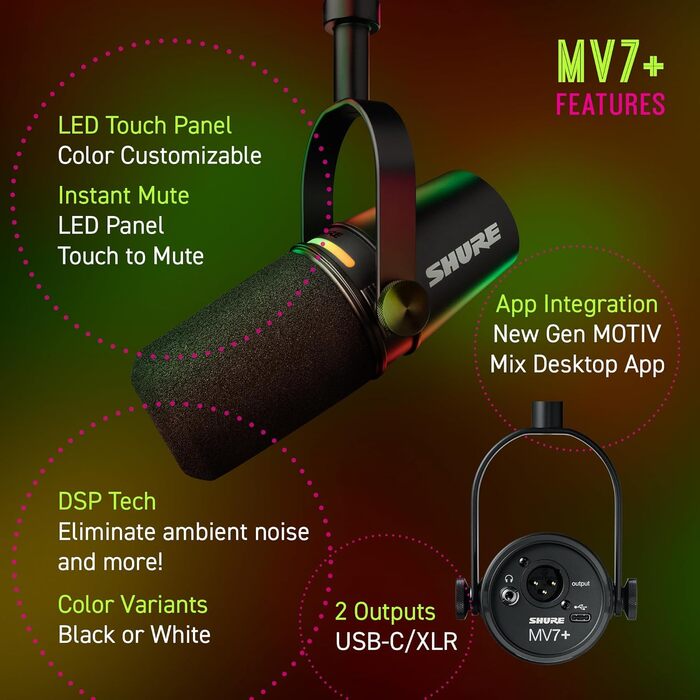 Мікрофон Shure MV7+ для подкастів, студійний, USB-C/XLR, LED-панель, авто-рівень, цифровий поп-фільтр, ефекти, для запису, стрімінгу, чорний
