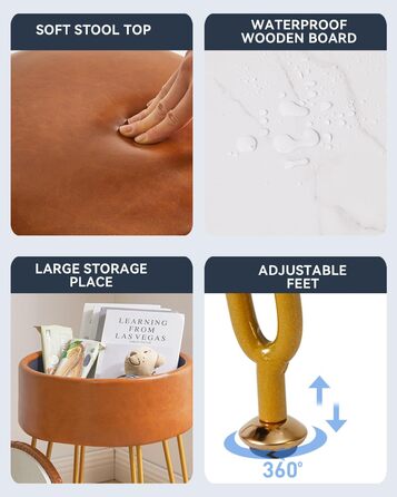 Пуф-табуретка з велюру круглої форми, золоті ніжки, для макіяжу та відпочинку, L/G-30P (з ящиком для зберігання, світло-коричневий)