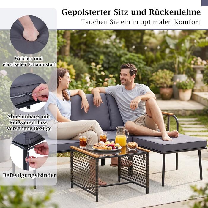 Садовий набір меблів з ротангу COSTWAY: Лаунж-комплект з столом та подушками для саду, балкону, тераси - 3-х місний сірий