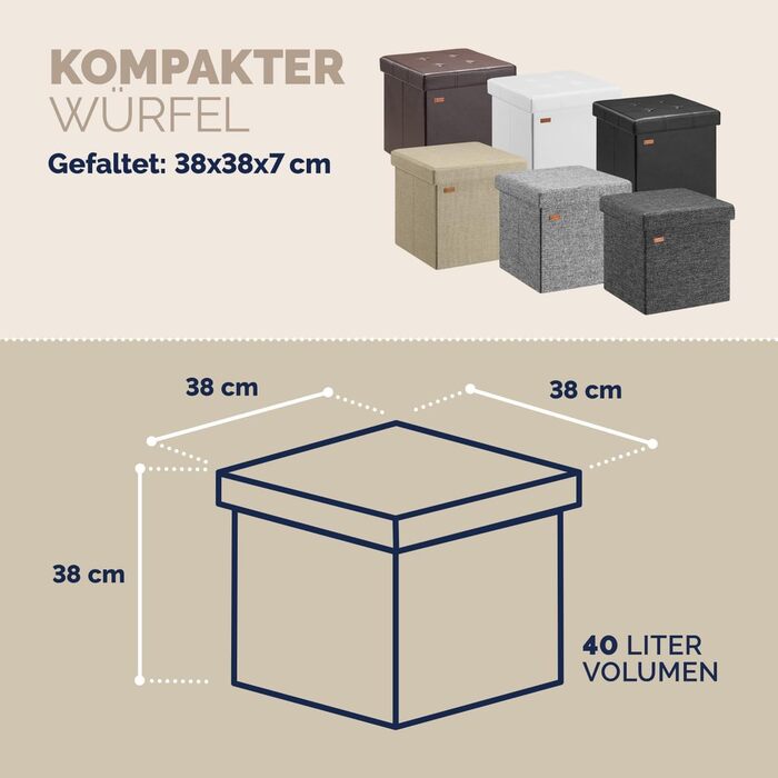 Пуф Casaria® з місцем для зберігання, білий, складний, з м'яким сидінням, 38x38 см. Підходить для спальні, вітальні, передпокою.