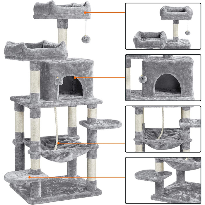 Кігтеточка Yaheetech Cat Tree 150 см з 2 приємними оглядовими майданчиками Sisal Cat Furniture Дерево для скелелазіння для великих кішок, світло-сіре 60,5 см x 50,5 см x 146,5 см (ДхШхВ) Світло-сірий