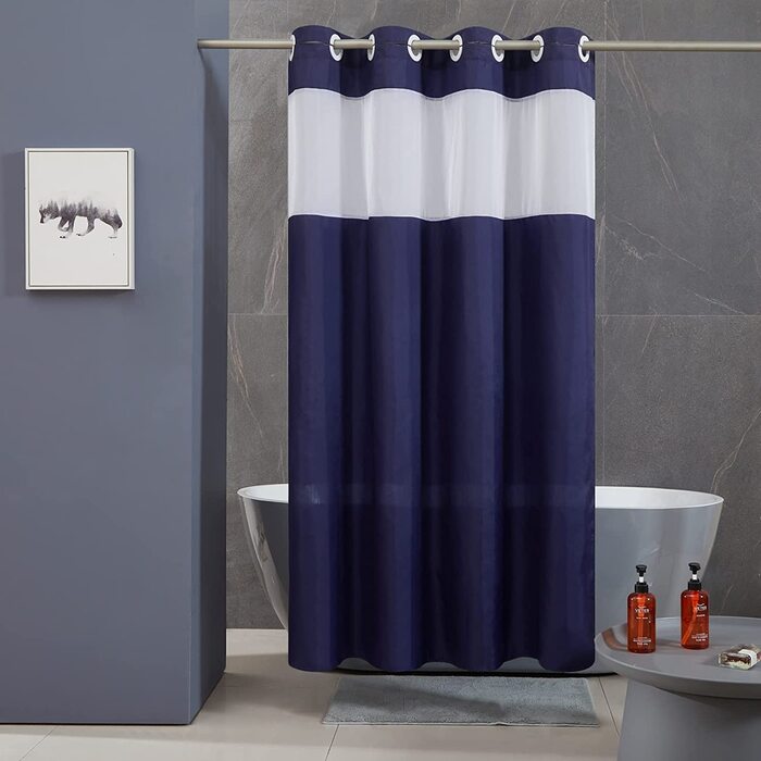 Вузька завіса для душу Furlinic для кутової душової кабіни завіса для ванної кімнати з марлевим вікном з тканини, стійкої до цвілі, водонепроникної, миється, 150x180 темно-синього кольору з великими люверсами. (Ш120 х В183 см, темно-синій)