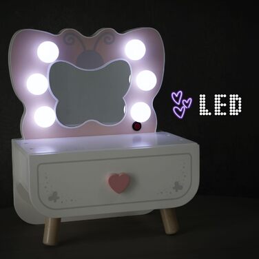 Детський туалетний столик Mamabrum XXL з дерева з пуфом та LED-дзеркалом – для дівчаток від 3 років, з ящиком та аксесуарами для макіяжу, ігровий набір та письмовий стіл (MAM242 DRESSING TAB)