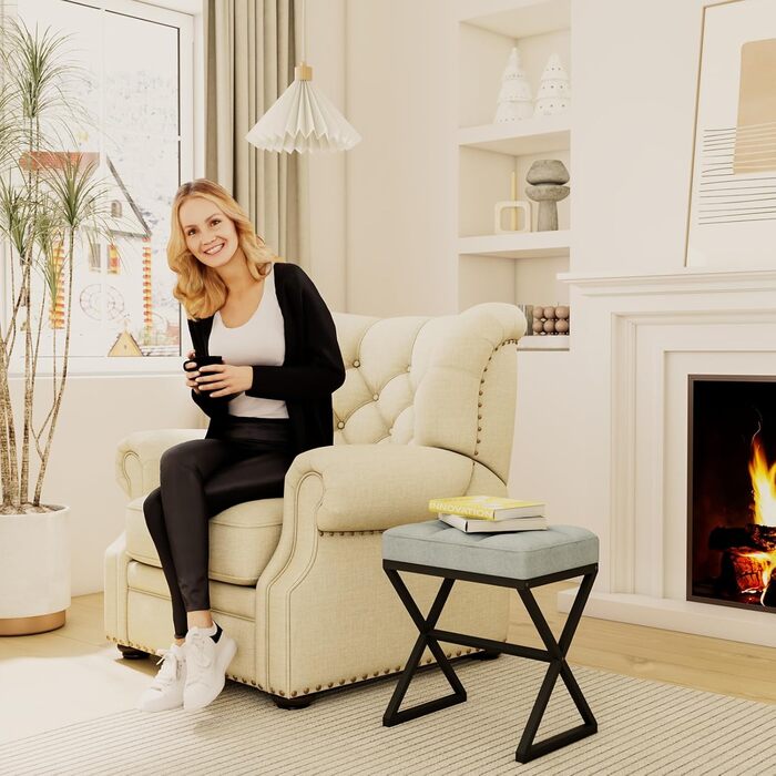 Пуф для макіяжу, пуф-табуретка з льону, 40x30x46 см, сіро-блакитний колір, HBD033G