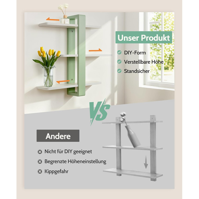 Полиця настінна дерев'яна SUMGAR Wandregal, плаваюча, 3-ярусна, 50x58 см, м'ятно-біла, для вітальні, спальні