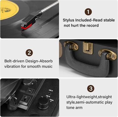 Вініловий програвач із Bluetooth, стереодинаміками, RCA та AUX, 3 швидкості, ретро дизайн, чорний