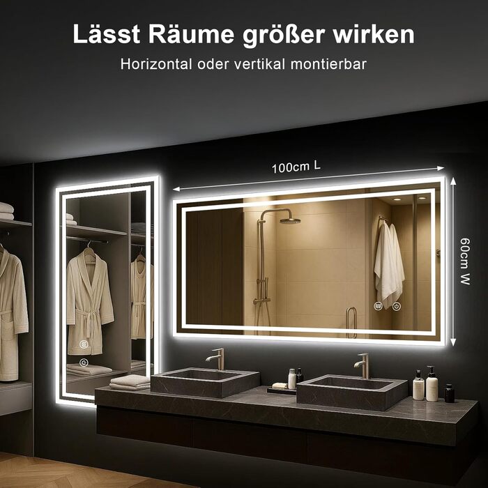 Дзеркало для ванної кімнати Youyijia з підсвічуванням, 70x50 см, з антизапарюючим покриттям, сенсорним вимикачем, 3 кольори світла, регулювання яскравості, 3500K-6500K