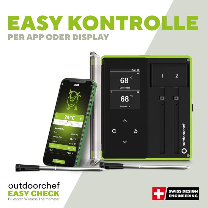 Термометр для гриля Outdoorchef Easy Check Quadro з Bluetooth, 4 датчики, 200м, миюча посудомийній машині, з магнітною док-станцією