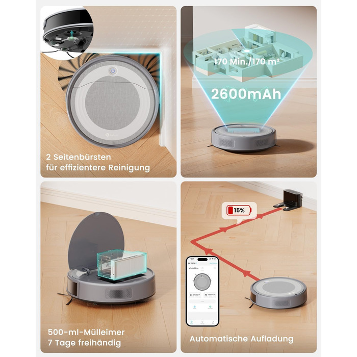 Робот-пилосос LEFANT M310 Ultra з вологою тканиною, лазерною навігацією ToF, потужністю 6000Pa, 7.9 см заввишки, розпізнавання килима, ідеальний для шерсті тварин та твердих підлог, керування через додаток/Alexa, сірий колір