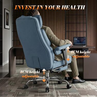Ергономічний офісний стілець Efomao XXL до 200 кг, блакитний: крісло для важких користувачів з підставкою для ніг та товстим м'яким сидінням