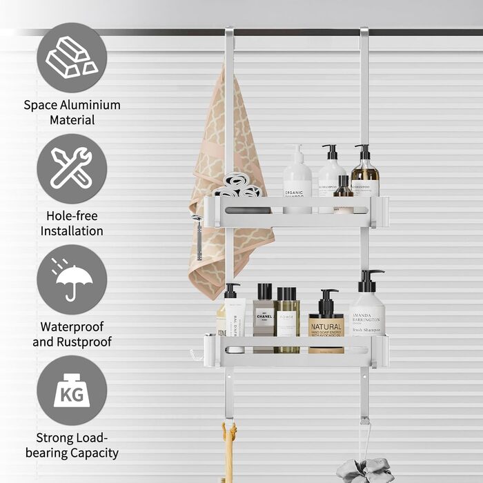 Настінна поличка для душу без свердління, чорна, для скляних душових кабін, регульована висота, 3 гачки для шампуню та гелю для душу