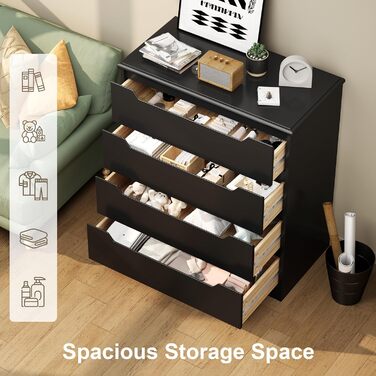 Комод Bealife для спальні: 4 місткі шухляди, витягнуті ручки, захист від перекидання, для вітальні/офісу (чорний)