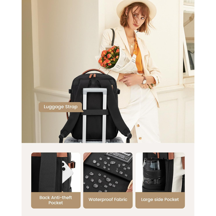 LOVEVOOK Рюкзак для ручної поклажі, жіночий рюкзак для подорожей, водонепроникний рюкзак для ноутбука 17 дюймів, шкільний рюкзак для жінок/студенток, чорний, коричневий (45x32x15 см)