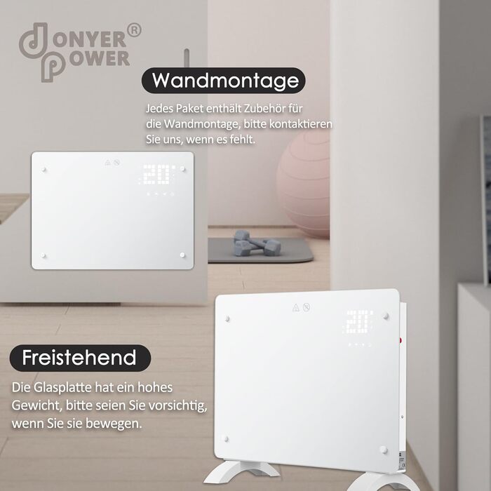 Конвектор DONYER POWER 2500W з Wi-Fi, 24h таймер, керування від пульта, скло, настінний/підлоговий