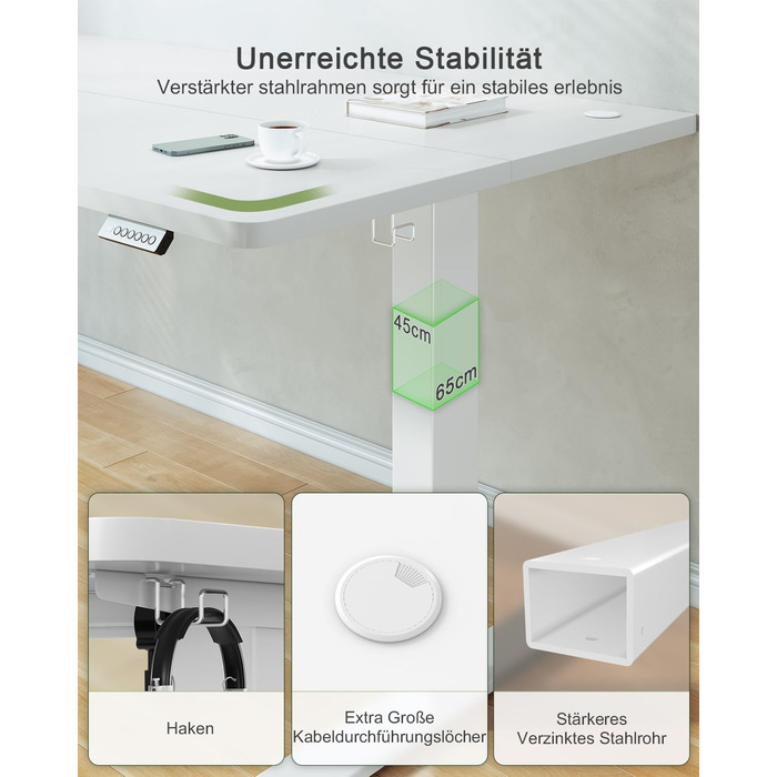 Регульований стіл JUMMICO 80x60 см з USB-роз'ємом, електричний, білий. Ергономічний стіл для стоячи/сидячи, комп'ютерний стіл.