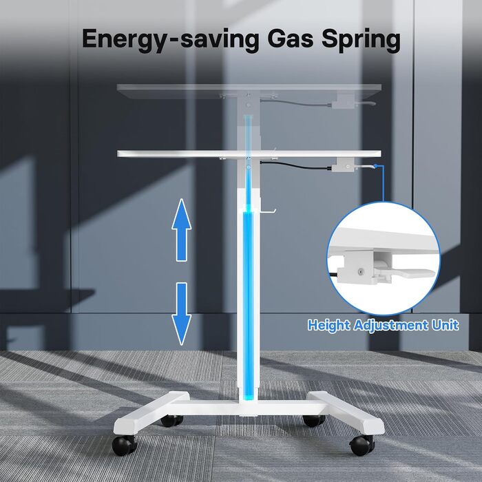 BONTEC Регульований стіл-трансформер, мобільний піднятий стіл з колесами, 65x45 см, білий, до 15 кг