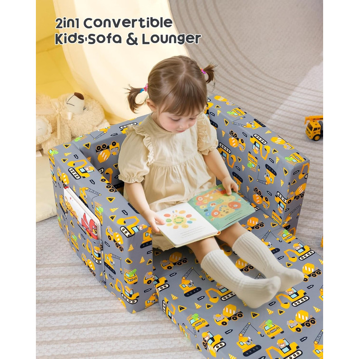 Дитяче диван-ліжко BEJOY 2 в 1: диванчик та крісло, Sherpa, сірий з машинками для дитячої кімнати, подарунок