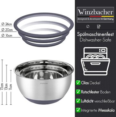 Набір мисок з нержавіючої сталі з кришками [3 шт.] 1л + 2.5л + 4.5л | Миски для перемішування, салатники, набір мисок | Нековзні, складаються, придатні для миття в посудомийній машині