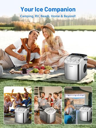 VINATO Льодогенератор портативний для дому та офісу, 12 кг/24 год, срібний. Швидке виробництво льоду (6-8 хв), з лопаткою та кошиком.