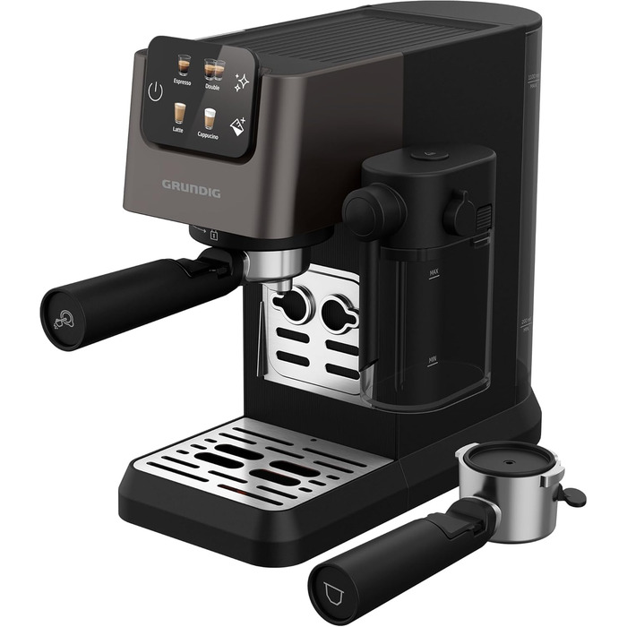 Еспресо-машина GRUNDIG KSM 6430 з вбудованим контейнером для молока, 1628 Вт, 20 бар, 2-дозова, Touch-Display, BrewSense, CreamyPro, Dark Inox/Schwarz, сумісна з капсулами та падами