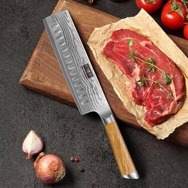 Японський ніж HOSHANHO з дамаської сталі 20 см, 67 шарів, кухонний ніж, надзвичайно гострий, з ергономічною ручкою оливкового кольору (16.5 см Nakirimesser)