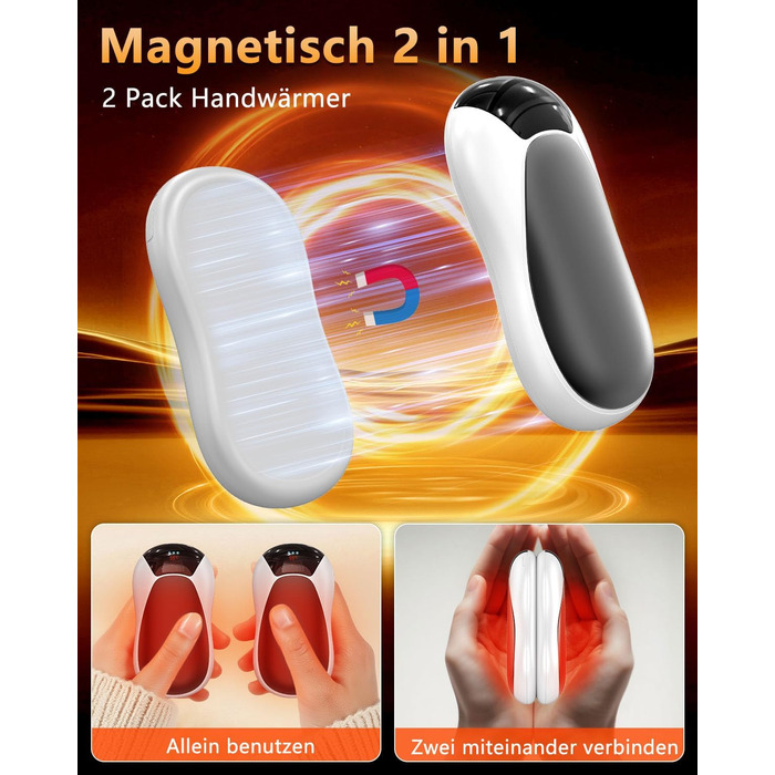 Електричні грілки для рук 2 шт. - Магнітні кишенькові грілки AI, перезаряджувані, 36 годин роботи, багаторазові, компактні грілки для дітей, чоловіків, жінок, білий екран