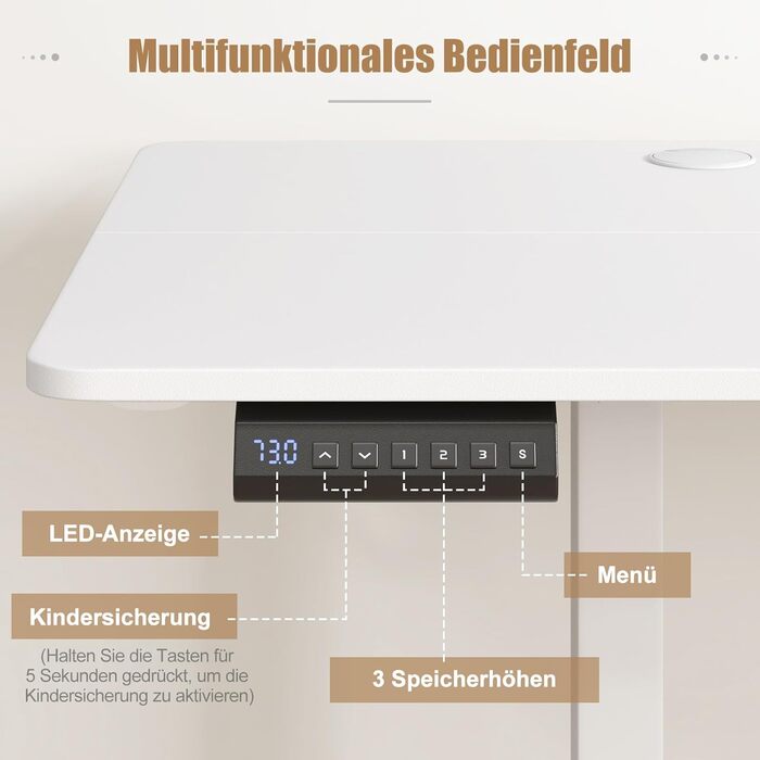 Електричний регульований стіл GYMAX 160x60 см з 3 рівнями пам'яті та системою антиколізії, білий. Комп'ютерний стіл з гачками та отворами для кабелів