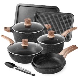 Набір посуду RIOVARM з нержавіючої сталі з антипригарним покриттям, 6 предметів: каструлі, сковороди, соусник, пательня, кришки, лопатка. Для кухні