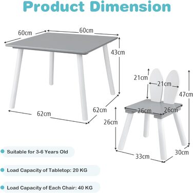 Дитячий стіл LIFEZEAL з 2 стільцями, спинка для вух кролика, дерев'яні дитячі меблі, сірий