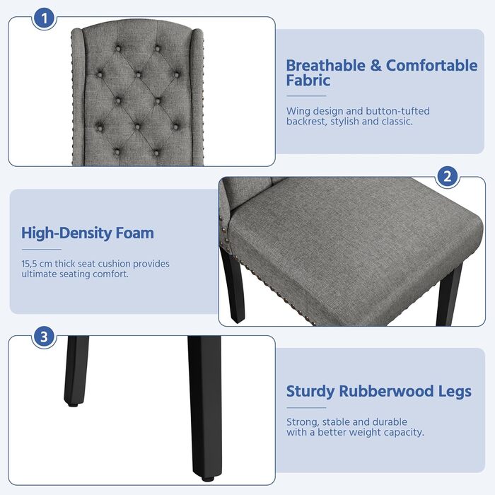 Набір кухонних стільців Yaheetech з крилатим спинком, оббитий стілець для їдальні, до 140 кг, сірий (2, світло-сірий)