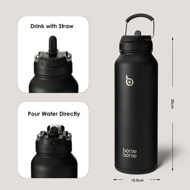 ПЛЯШКА 1.2 л Спортивна пляшка для води з нержавіючої сталі, ізольована пляшка для води з соломинкою та тримачем для таблеток (чорна)