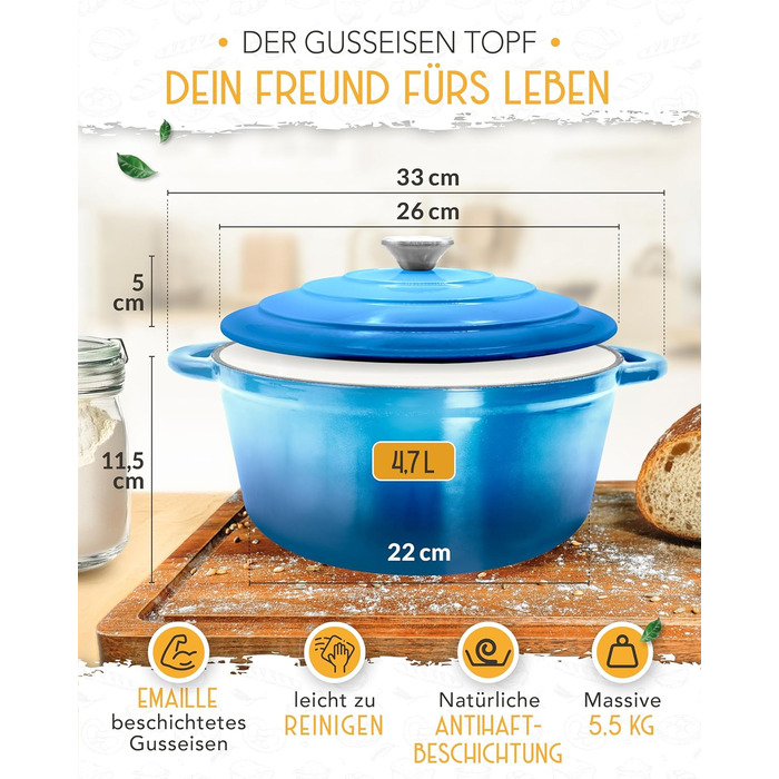 Форма для випікання хліба з чавуну з кришкою Krustenzauber - 28 см, 4.7л, блакитна